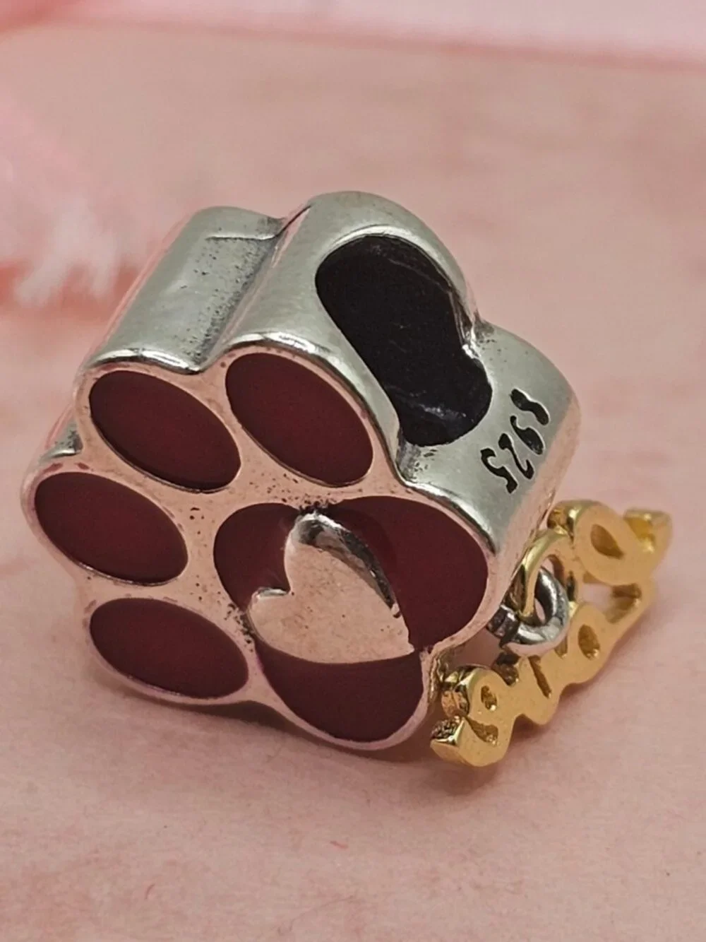 Sterling Silver 925 Rhodium Plated Red Paw with Heart and Dangling Love Charm